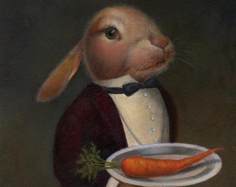 Rabbit in Butler Suit Serving a Carrot Portrait Print -