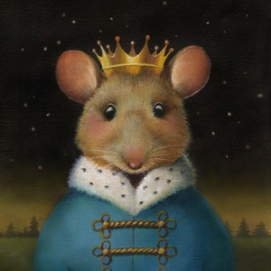 This Nutcracker Ballet Mouse King Print will bring a sense of peace and serenity to your holiday decor.  From an original painting it shows a gentle king in crown and fur collar set against a peaceful night sky.
