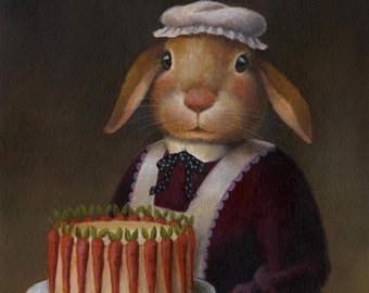 Rabbit in Cook's Uniform serving Carrot Cake Portrait Print