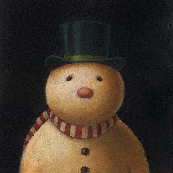 Snowman Print - Christmas Snowman Portrait in Top Hat - Candy Cane Scarf - Snowman Art