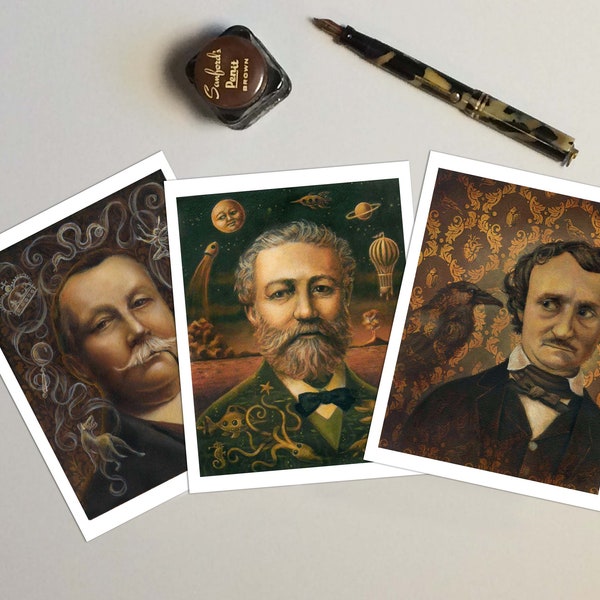 Literary cards, Victorian Writers, Edgar Allan Poe Card, Arthur Conan Doyle, Jules Verne, Literary Gift, Writers Gift, Readers Gift