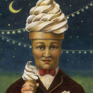 May include: An oil painting depicts a person with an ice cream cone head and a small ice cream cone in hand. The person wears a dark brown suit, a white shirt, and a red bow tie. The background is a dark blue night scene with a crescent moon and string lights.