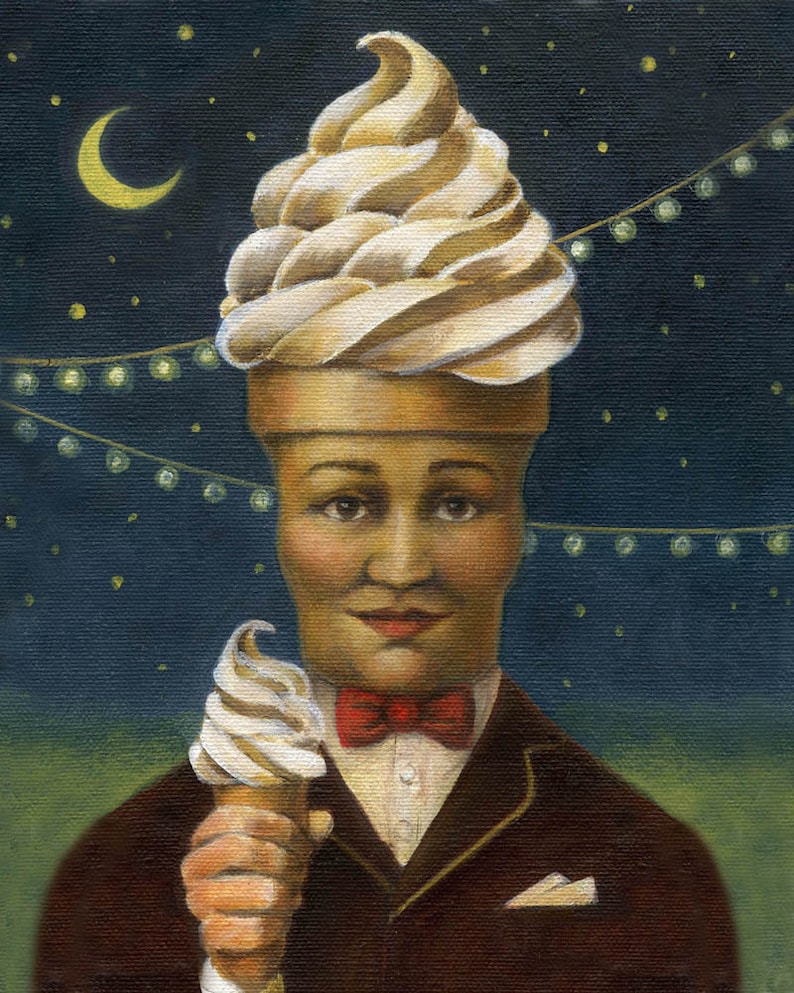May include: An oil painting depicts a person with an ice cream cone head and a small ice cream cone in hand. The person wears a dark brown suit, a white shirt, and a red bow tie. The background is a dark blue night scene with a crescent moon and string lights.