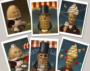 Retro Food Cards,  Vintage Food Icon Notecards, Mr. Peanut, Mr. Softee,  Humpty Dumpty, Mid Century, Anthropomorphic Food,