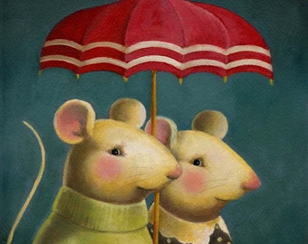Mouse Portrait Print - Mouse Couple - Animal Portrait - Umbrella - Rain