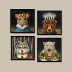May include: A set of four framed paintings featuring animal portraits. The first painting shows a mouse wearing a crown and a blue coat. The second painting shows a bear wearing a wreath of holly and candles. The third painting shows a wolf wearing a green coat and a red berry sprig. The fourth painting shows a polar bear holding a collection of seashells.