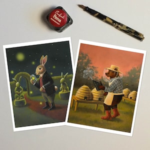 Cartes de lapin de jardin et d’ours apiculteur - Ensemble de 6 cartes et enveloppes - Cartes de portrait d’animal