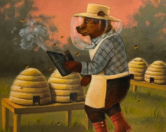 Bear Beekeeper Print - Bear Portrait - Summer Print - Anthropomorphic