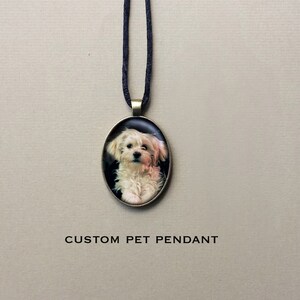 Peut inclure: Un collier avec un pendentif personnalis&eacute; pour animal de compagnie avec une photo d'un chien blanc aux yeux noirs. Le pendentif est de forme ovale et est sur un cordon noir.