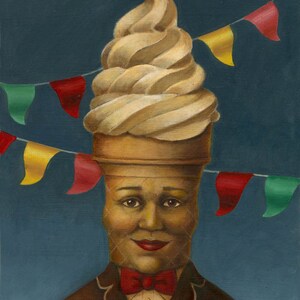 May include: An artistic painting of a person with an ice cream cone head, wearing a brown suit and a red bow tie. The background is a dark blue with colorful pennant flags strung across the top. The ice cream is a soft serve style.