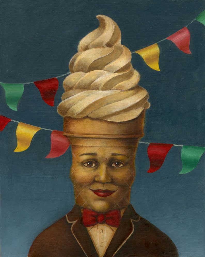 May include: An artistic painting of a person with an ice cream cone head, wearing a brown suit and a red bow tie. The background is a dark blue with colorful pennant flags strung across the top. The ice cream is a soft serve style.