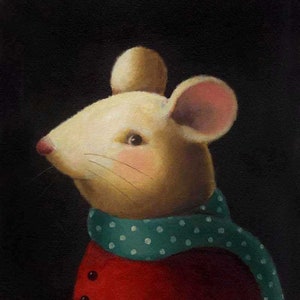 Mouse Portrait Print - Christmas Mouse - Green Polka Dot Scarf - Animal Lover - Mouse Lover Gift