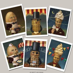 May include: A collection of six whimsical art prints featuring anthropomorphic food characters. The characters include an egg, a waffle, and an ice cream cone, each dressed in formal attire. The prints have a vintage, storybook aesthetic with a muted color palette.