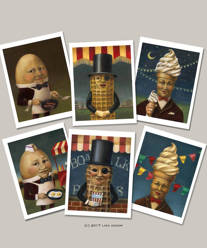 May include: A collection of six whimsical art prints featuring anthropomorphic food characters. The characters include an egg, a waffle, and an ice cream cone, each dressed in formal attire. The prints have a vintage, storybook aesthetic with a muted color palette.