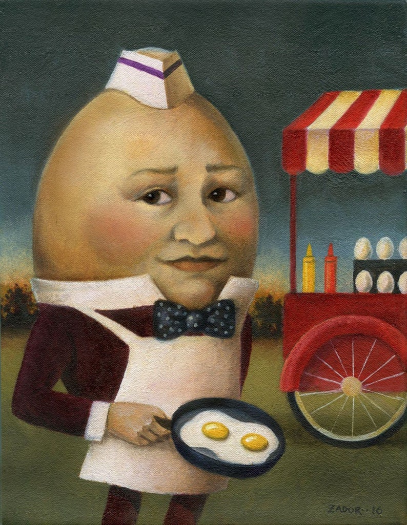 Retro Food Print Egg Man Print Kitchen Print Anthropomorphic Food Bald Chef Cook Street Food Uncle Omelette and Food Cart image 1