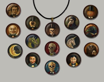 Gothic Necklace, Victorian, Steampunk,  Round, Low Brow, Skeleton, Skull, Halloween, Creepy, Stocking Stuffer, Moon, Clown, Plague Doctor
