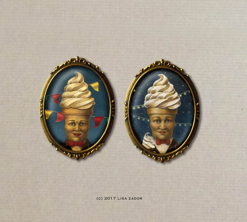 May include: Two oval-framed portraits feature whimsical figures with ice cream cone hats. One has colorful pennants, the other has string lights. Both figures wear bow ties and are set against a dark blue background. The frames are gold.