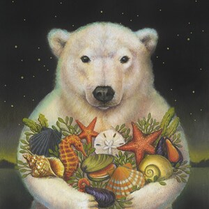 May include: A white polar bear holds a bouquet of seashells, starfish, and seahorses in its paws against a dark starry night background.