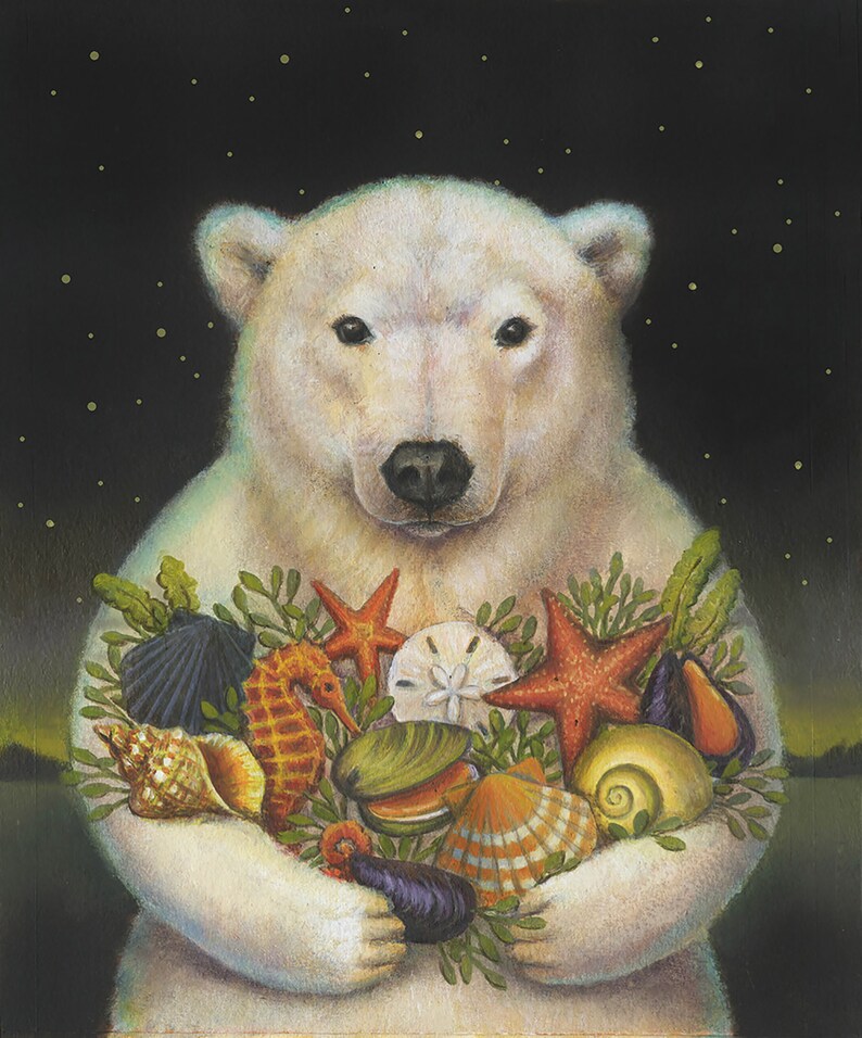 May include: A white polar bear holds a bouquet of seashells, starfish, and seahorses in its paws against a dark starry night background.