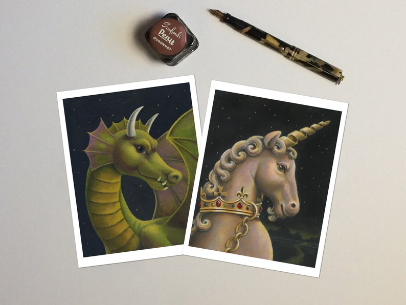 This set of 6 blank dragon and unicorn cards and envelopes feature realistic portraits of these magical creatures. Considered to be mythical animals, these portrait cards are the perfect way to send a handwritten note to a fellow believer.