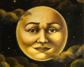 Moon Man Portrait, Man on the Moon in Night Sky, Celestial Art, Astrology