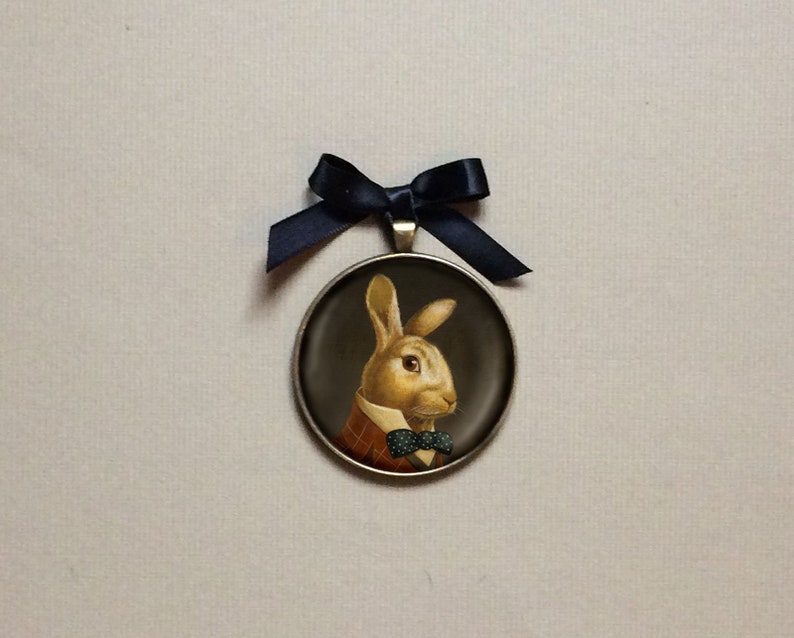 Rabbit Portrait Ornament Mysteriously holding an Egg 2 Round With Hanging Cord and Bow image 7