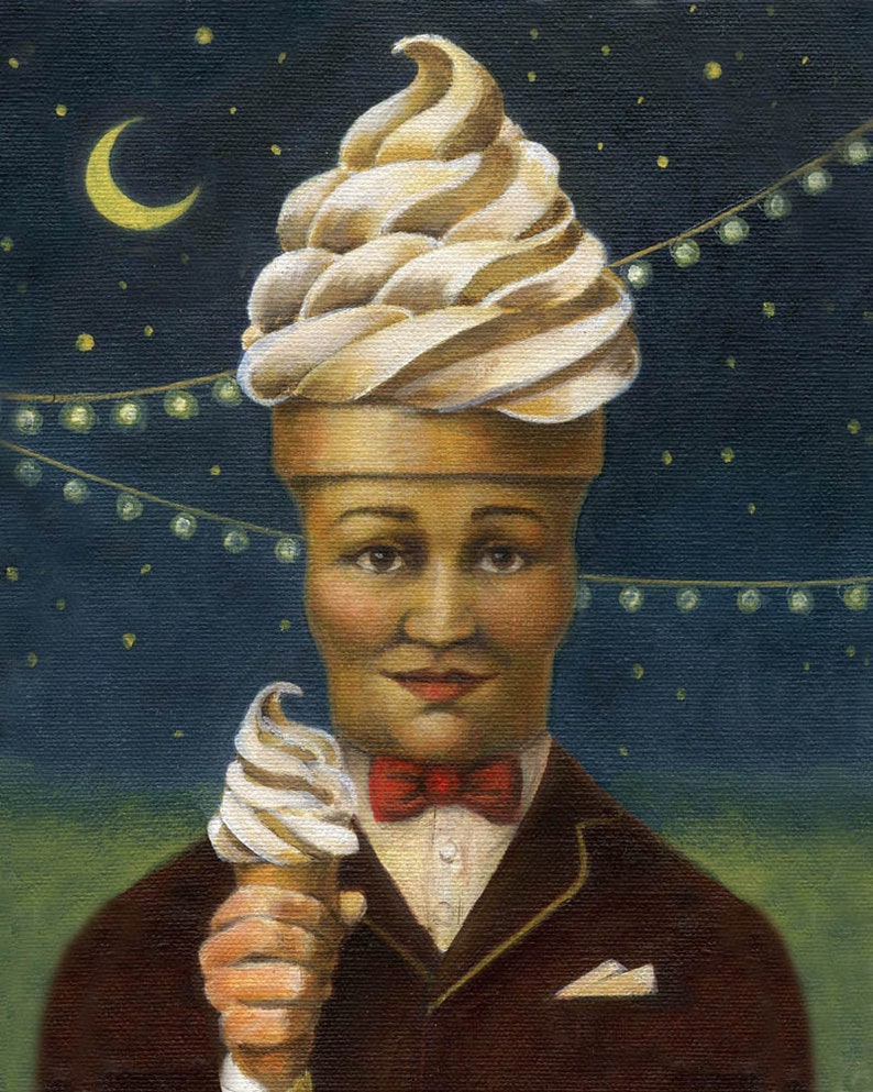 Egg Headed Man in Suit Food Portrait Print shown in an apron cooking bacon image 4