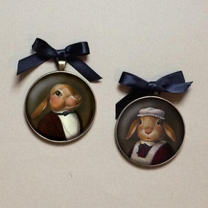 Rabbit Portrait Ornament Mysteriously holding an Egg 2 Round With Hanging Cord and Bow image 8