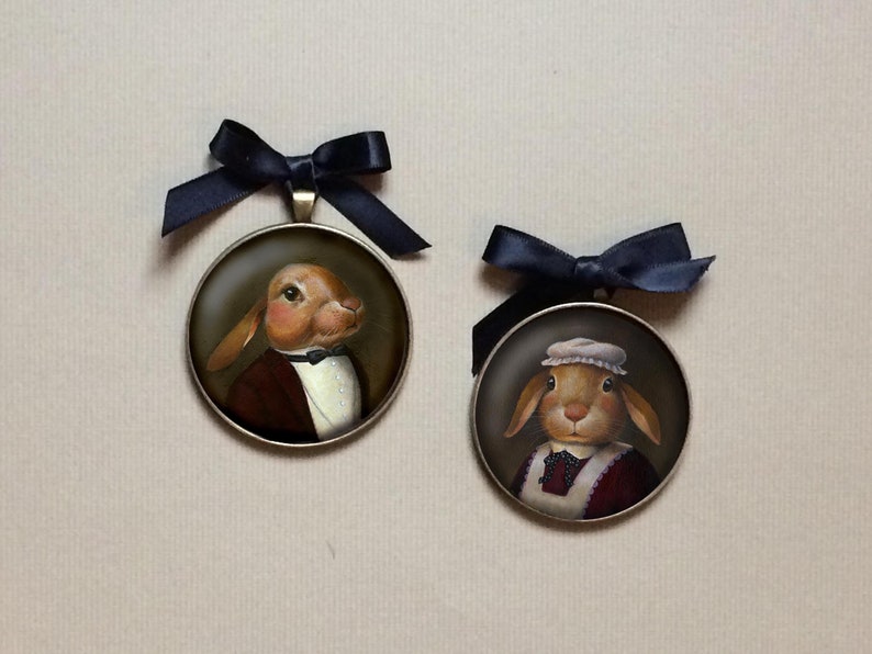 Rabbit Portrait Ornament Mysteriously holding an Egg 2 Round With Hanging Cord and Bow image 8