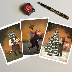 Cartes d'animaux de Noël à partir d'oeuvres d'art originales - renard - écureuil - raton laveur - forêt - lot de 6 cartes et enveloppes