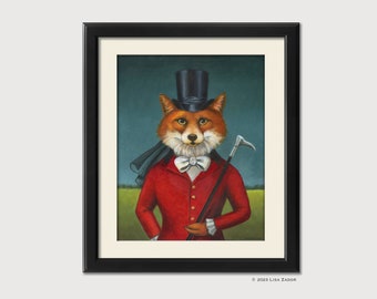 May include: A painting of a fox wearing a red hunting jacket, a black top hat, and a white bow tie. The fox is holding a riding crop and is standing in a field.