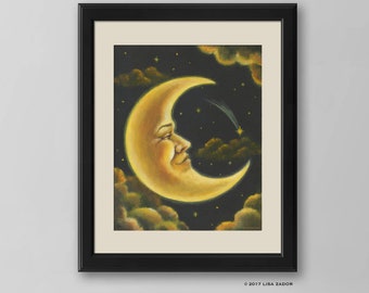 Crescent Moon with Face Print of Original Hand Painted Artwork, Man on the Moon in Night Sky with Shooting Stars