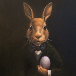 Rabbit Portrait Ornament Mysteriously holding an Egg 2 Round With Hanging Cord and Bow image 2