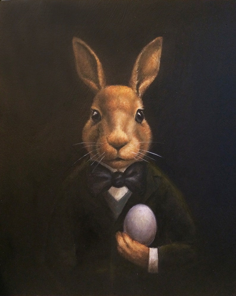 Rabbit Portrait Ornament Mysteriously holding an Egg 2 Round With Hanging Cord and Bow image 2