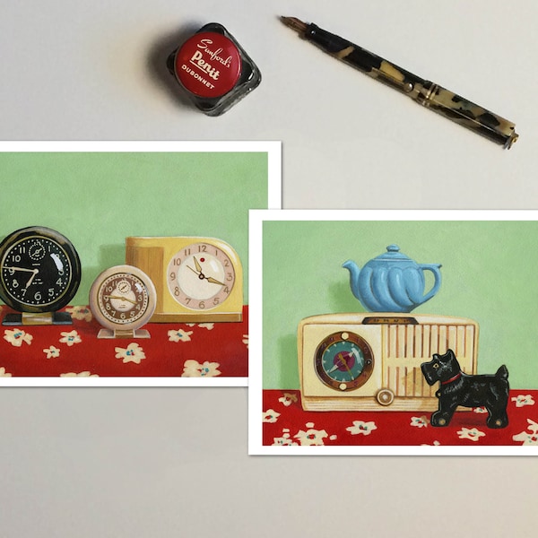 Vintage Alarm Clock Cards - Retro Kitchen Notecards - Retro Still Life  - Set of 6 Cards and Envelopes