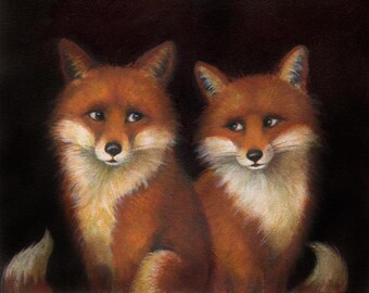 Fox Portrait Print -  Fox Art - Fox Painting - Animal Portrait Print - Fox Couple - Foxes