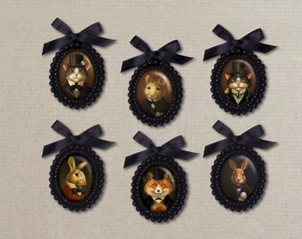 Victorian Gothic Black Beaded Brooch, Animal Portrait Pin, Steampunk, Fox, Rabbit, Mouse,