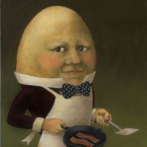 May include: A whimsical painting of a humanoid egg figure wearing a white apron, a black bow tie with white polka dots, and a burgundy jacket. The egg-shaped head has a human face and is holding a frying pan with bacon.