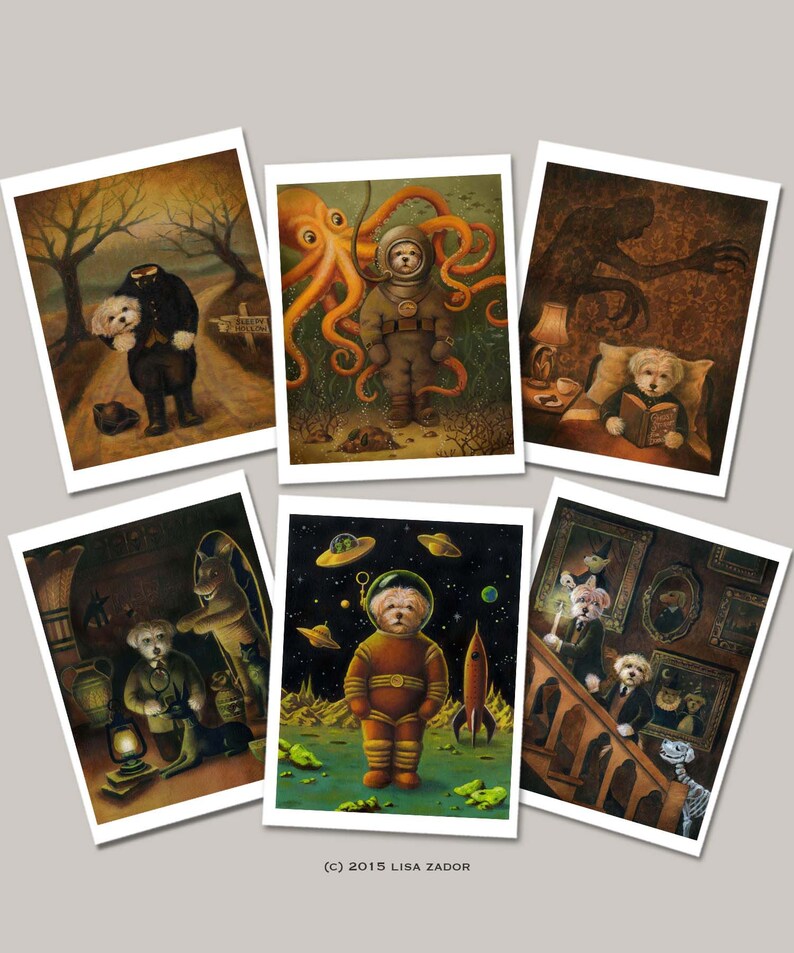 Peut inclure: Ensemble de six cartes postales illustr&eacute;es mettant en sc&egrave;ne un chien blanc dans diff&eacute;rents d&eacute;cors. Le chien est habill&eacute; de diff&eacute;rents costumes, dont un manteau de d&eacute;tective, une combinaison spatiale et une combinaison de plong&eacute;e. Les cartes postales sont imprim&eacute;es sur du papier cartonn&eacute; de haute qualit&eacute; et sont parfaites pour envoyer un message unique et fantaisiste.