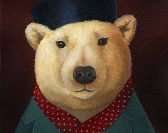 Polar Bear Print- Christmas Print - Polar Bear Portrait - Polar Bear Art - Chistma Art - Red Polka Dot Scarf