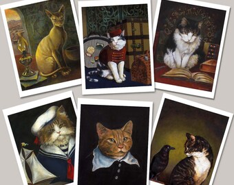 Set of 6 Humorous Cat Portrait Cards and envelopes