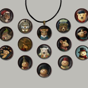 May include: A set of 15 round ornaments featuring various animals and holiday themes. The ornaments are painted in a whimsical style with detailed features. The ornaments are hung on a black cord necklace.