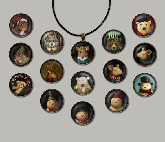 Christmas Necklace, Christmas Pendant,  Animal Pendant,  Mouse, Snowman, Squirrel, Reindeer, Round, Secret Santa Gift, Teacher's Gift