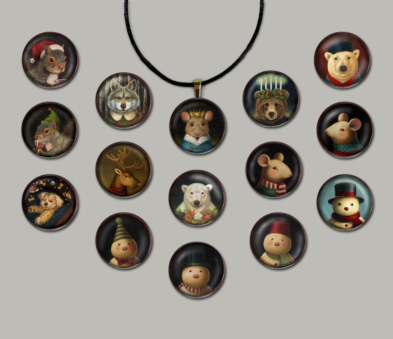 May include: A set of 15 round ornaments featuring various animals and holiday themes. The ornaments are painted in a whimsical style with detailed features. The ornaments are hung on a black cord necklace.