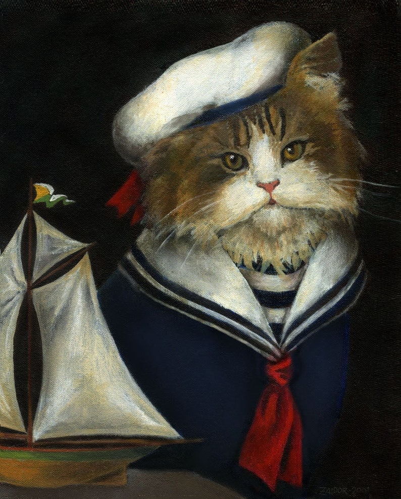 Nautical Cat Portrait, Cat Print, Sailor, Cat Art, Cat in Clothes, Cute Cat, Cat Lover's Gift, Funny Cat, Pet Portrait image 1