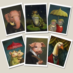 Tarjetas con retratos de animales a partir de obras de arte originales: animales extravagantes con ropa, como conejo, zorro, paloma, pájaros, príncipe rana y ganso