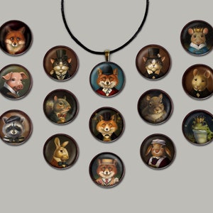 May include: A collection of 15 round, framed portraits of various animals wearing hats and clothing. The animals include a fox, cat, pig, squirrel, raccoon, rabbit, frog, and mouse. The portraits are arranged in a circle around a pendant necklace with a fox portrait.
