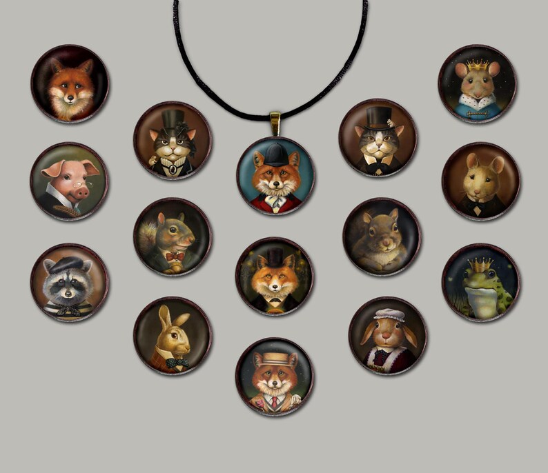 May include: A collection of 15 round, framed portraits of various animals wearing hats and clothing. The animals include a fox, cat, pig, squirrel, raccoon, rabbit, frog, and mouse. The portraits are arranged in a circle around a pendant necklace with a fox portrait.