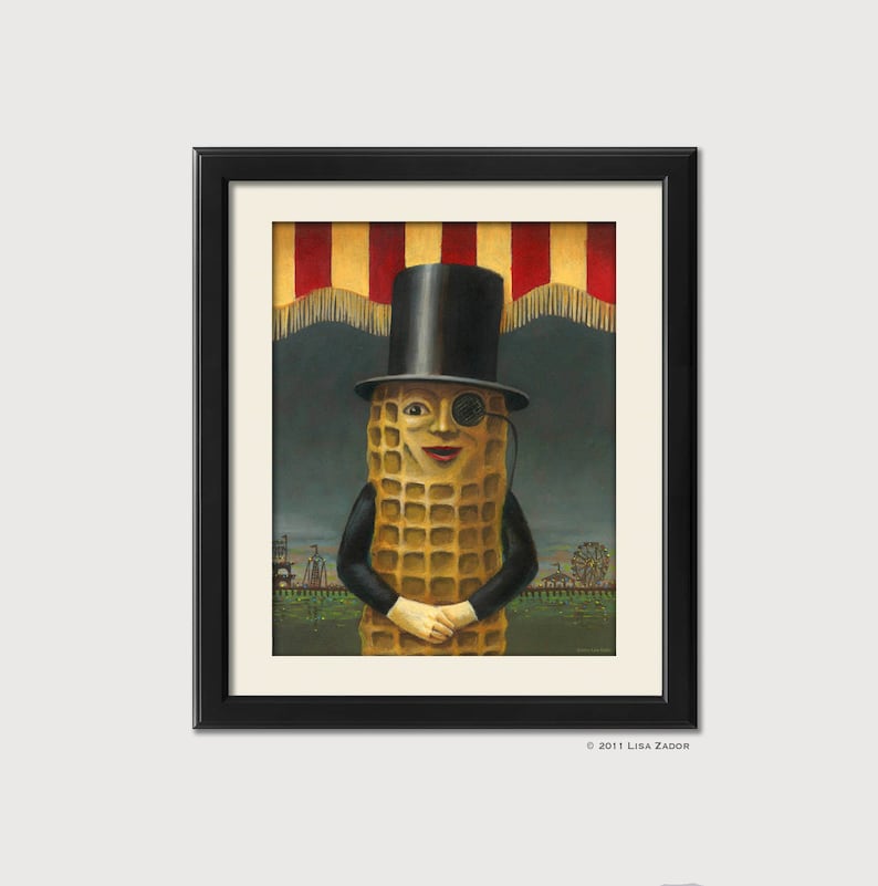 This print of Mr. Peanut  from an original oil painting shows him in Atlantic City with the old boardwalk in the background. Inspired by the original costume it will appeal to any fan of vintage Atlantic City, boardwalks and amusement parks.