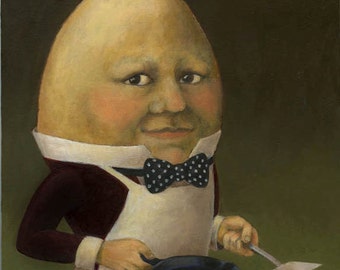 Egg Headed Man in Suit Food Portrait Print shown in an apron cooking bacon